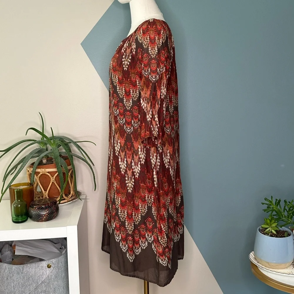 Sonoma Life + Style Boho Ikat Print Cotton Tunic Dress Red Brown 3/4 Sleeve Sz S - Picture 3 of 12